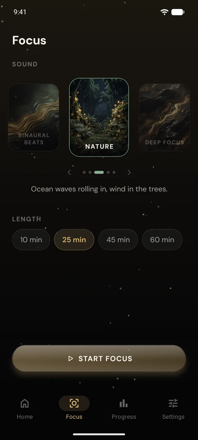 Focus screen with sound choices and session lengths
