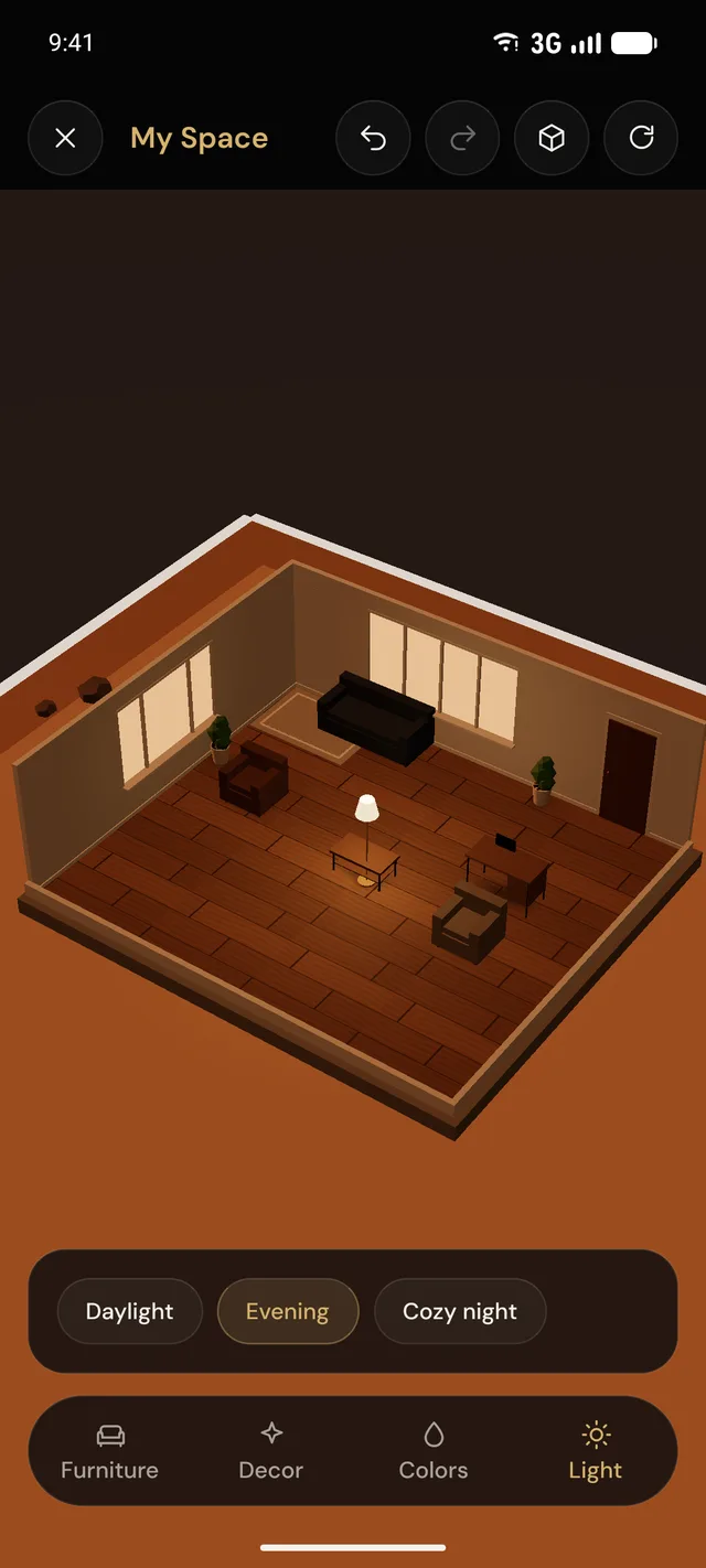 My Space game showing a cozy furnished room in evening light