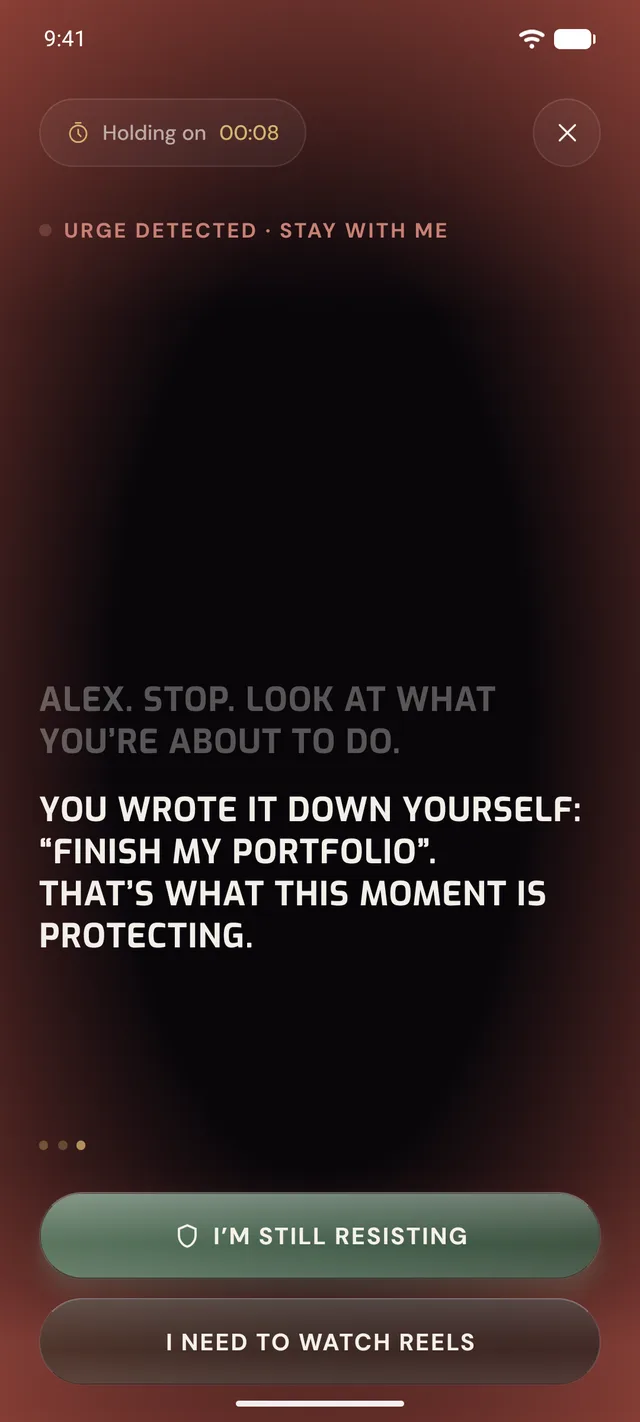 Panic screen with a personal message